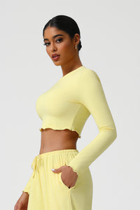 Women Slim Fit Wave Hem Yoga Long Sleeves