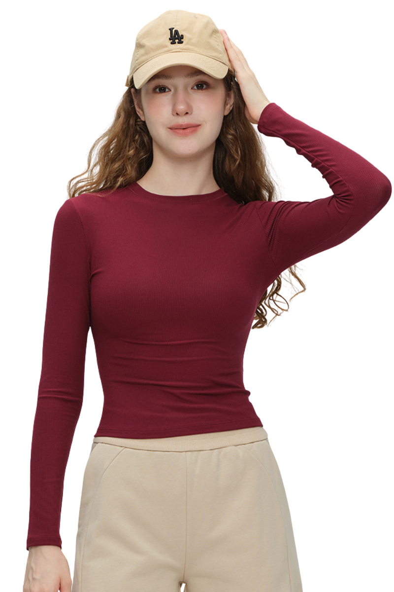 Women's Fall Ribbed Crew Neck Cropped Long Sleeve Top