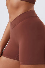 Women Eco-Friendly Recycled Sports Fabrics Crossover Waist Skinny High Elastic Hip Lifting Running Yoga Fitness Shorts