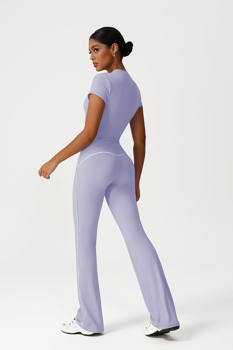 Women Seamless High Waisted Flared Yoga Set: Cropped T-Shirt + Flared Leggings