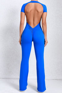 Women Short Sleeve Big Backless One Piece Flare Tight Nude Outfit Fitness Sports Yoga Bodysuit