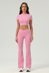 Women's Color‑Contrast Cropped T-shirt & Flared Pants Set