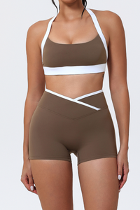 Women's Color-Block Halter Sports Bra & Cross-Waist Shorts Set