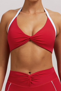 Women's Athletic Twist-Front Halterneck Color Block Bra