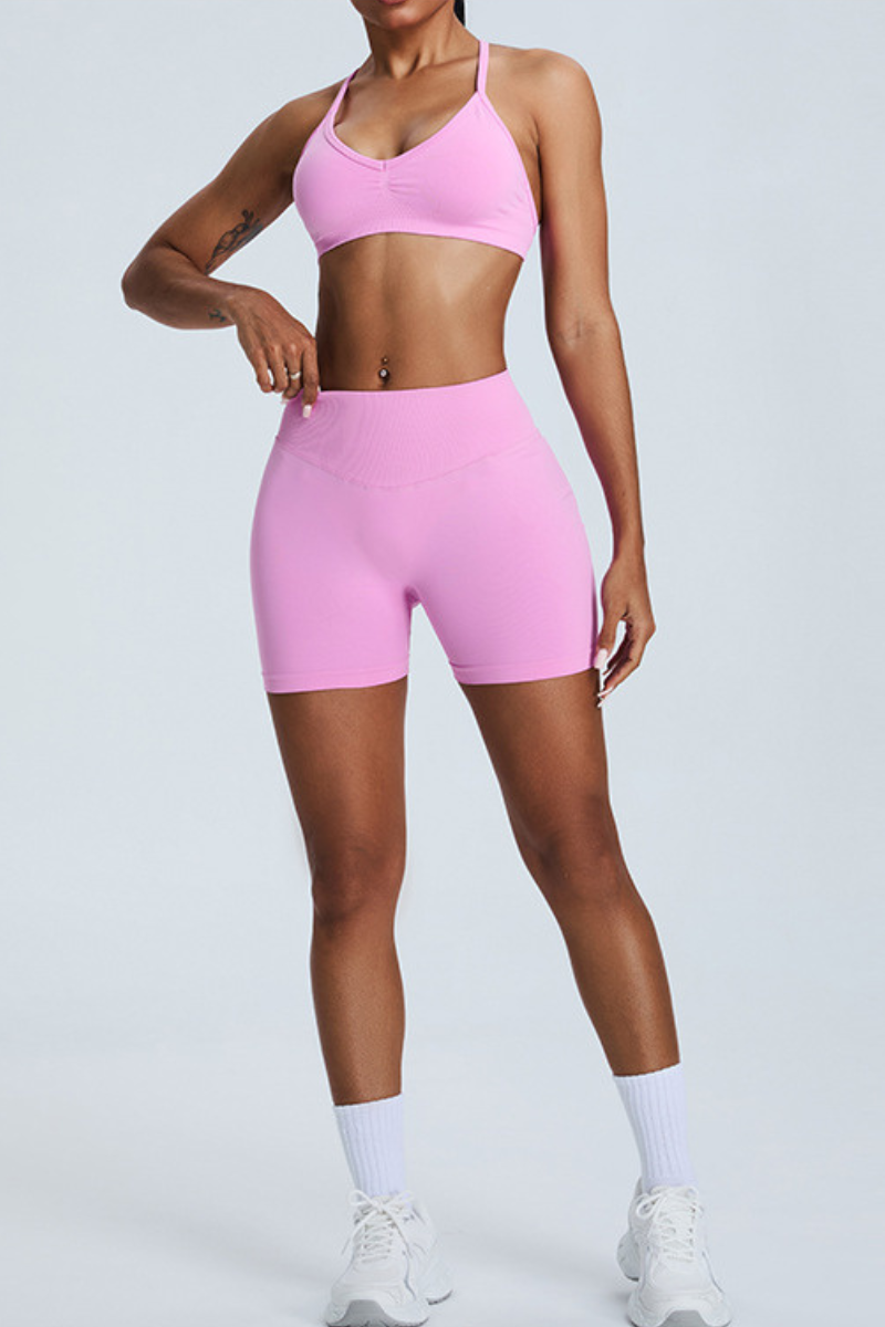 Women's Set:V-neck Cross Back Bra And Pleated Buttocks Lift Shorts