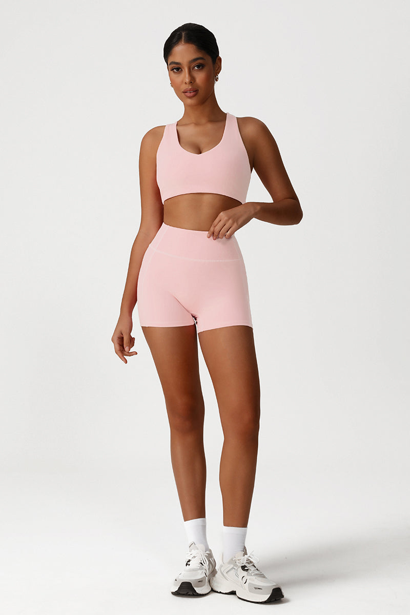 Women Cross Back Yoga Set: Removable Padding Sports Bra + High Waist Shorts