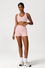 Women Cross Back Yoga Set: Removable Padding Sports Bra + High Waist Shorts
