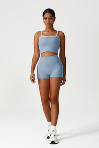 Women Seamless High Waisted Workout Set: Square Neck Vest + Peach Lifting Shorts