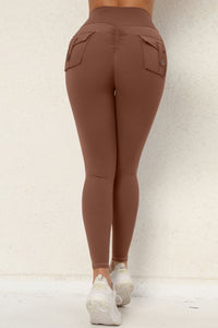 Women Button Work Pocket High Waisted Hip Lifting Stretchy Skinny Yoga Running Fitness Pants
