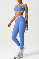 Trimmed crossover back bra & high waist sports leggings 2-piece set