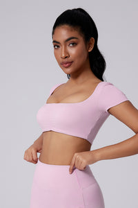 Women Square Neck Crop Removable-Pad Pleated Sculpting Workout Short Sleeve