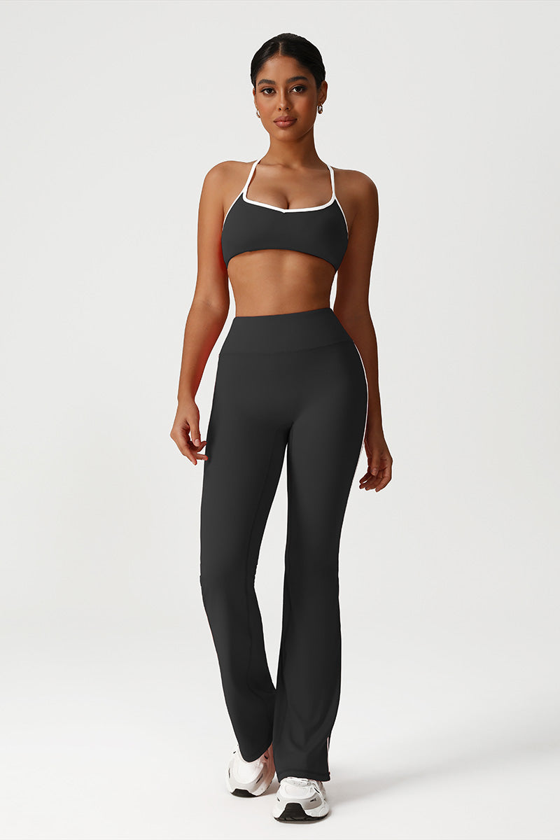Women Seamless High Waisted Flared Yoga Set: Cross Back Sports Bra + Flared Leggings