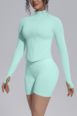 Women's Seamless Stretchy Jacket And No Front Seam Short Set