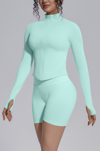 Women's Seamless Stretchy Jacket And No Front Seam Short Set