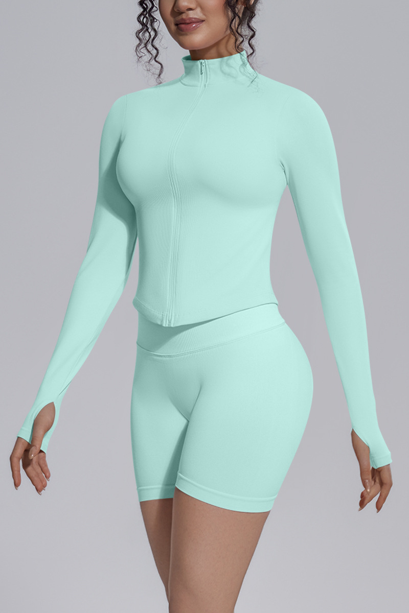 Women's Seamless Stretchy Jacket And No Front Seam Short Set