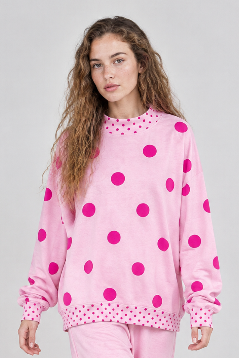 Women's Fall Color Block Polka Dot Mockneck Sweatshirt