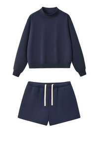 Women Loose Set:Mock Neck Sweatshirt + Shorts