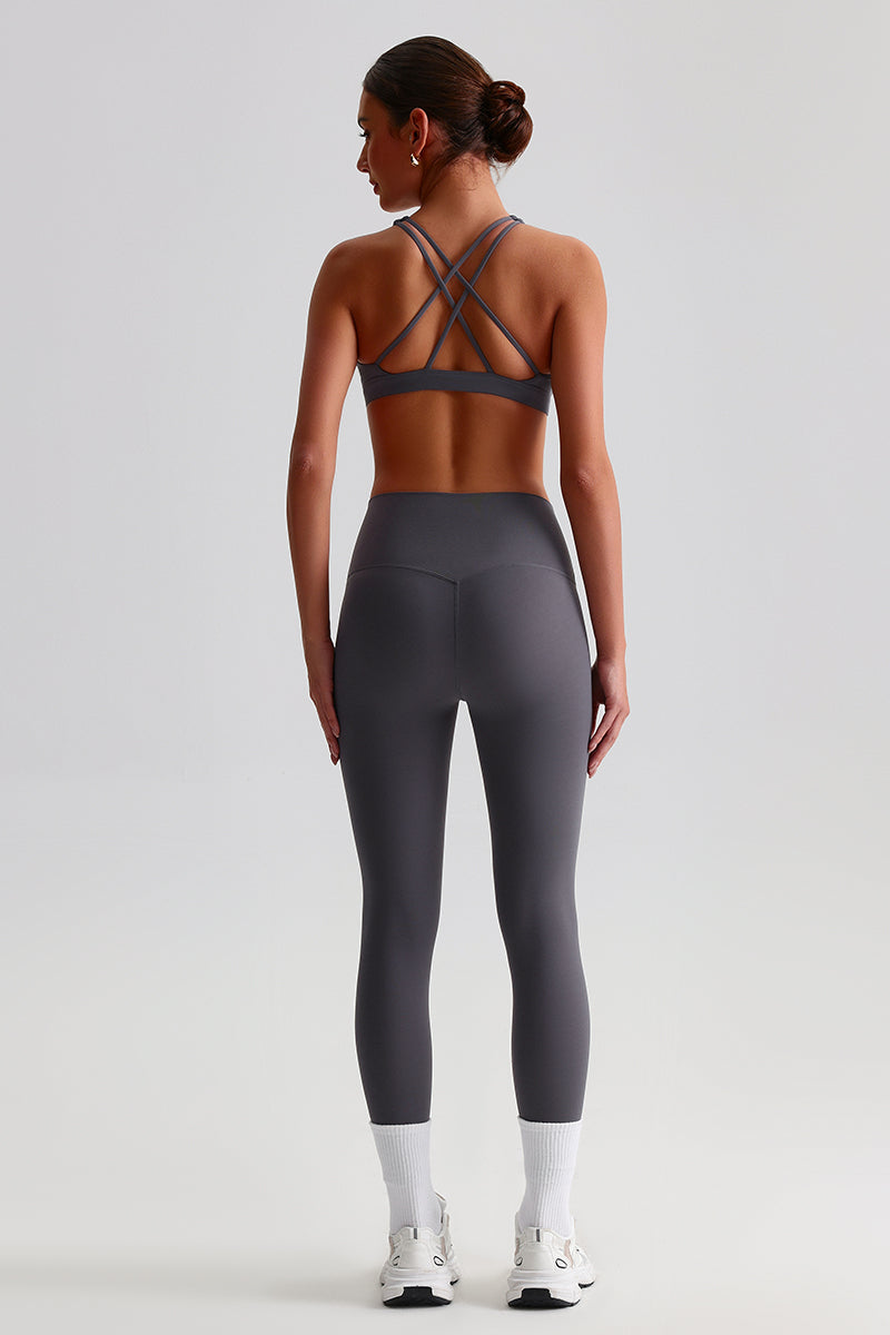 Women Brushed Cross-Back Slim-Fit Yoga Set: High-Waisted Butt-Lifting Outdoor Running Leggings + Round Neck Sports Bra