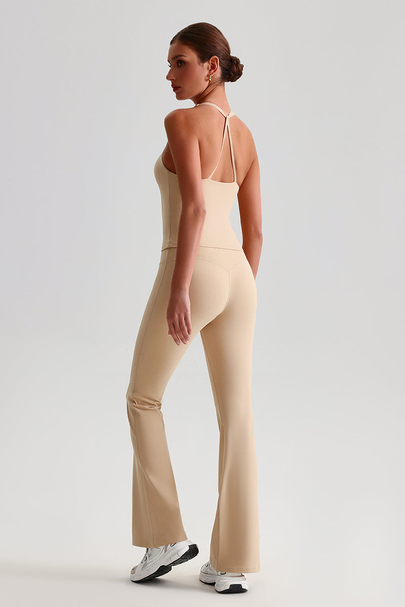 Women Cross Back Yoga Set: High Waisted No Pleat Seam Micro Wide Leggings + Pleated Crossover Camisole Bra