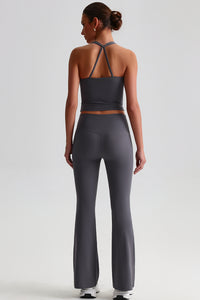Women Cross Back Yoga Set: High Waisted No Pleat Seam Micro Wide Leggings + Pleated Crossover Camisole Bra
