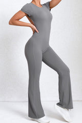 Women Short Sleeve Big Backless One Piece Flare Tight Nude Outfit Fitness Sports Yoga Bodysuit