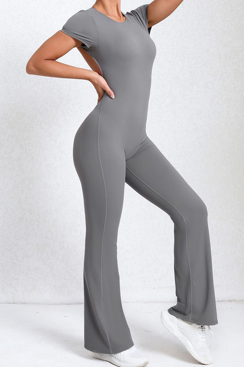 Women Short Sleeve Big Backless One Piece Flare Tight Nude Outfit Fitness Sports Yoga Bodysuit