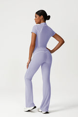 Women Seamless High Waisted Flared Yoga Set: Stand Collar Jacket + Flared Leggings