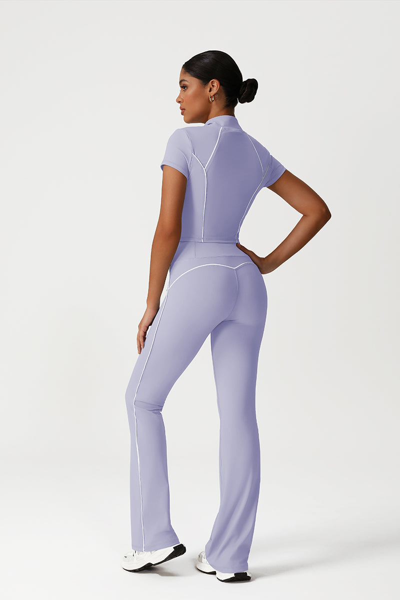 Women Seamless High Waisted Flared Yoga Set: Stand Collar Jacket + Flared Leggings