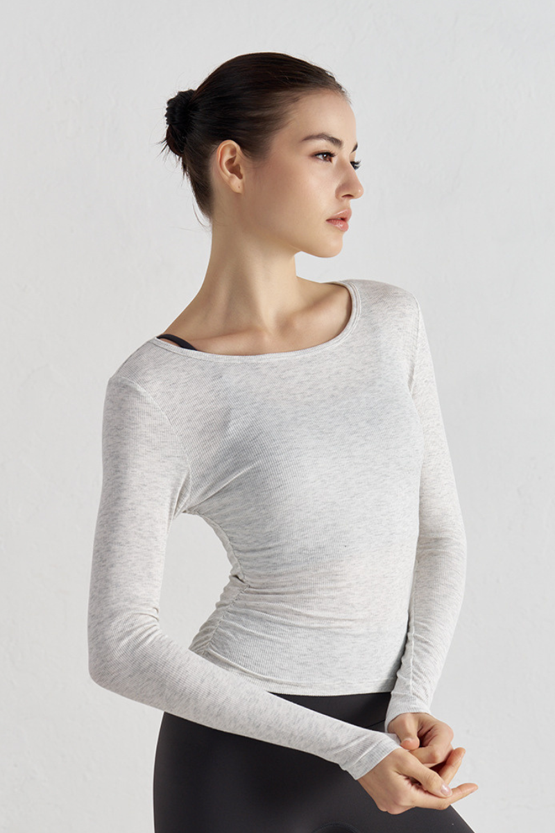 Women's Pleated Slim Fit Crew Neck Long Sleeves Sports Top