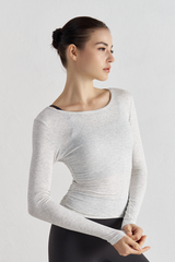 Women's Pleated Slim Fit Crew Neck Long Sleeves Sports Top