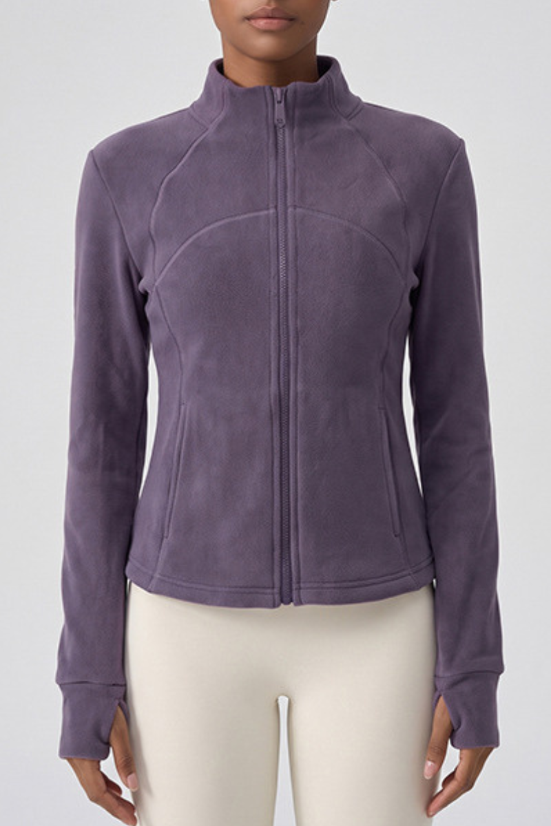 Women's Winter Fleece Stand Collar Finger Cuff Zip Up Jacket