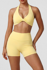 Women's Solid Sets:Twist Halter Bra And High Waist Shorts