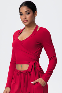 Women’s Criss-Cross Waist Straps Halterneck Long-Sleeve Top