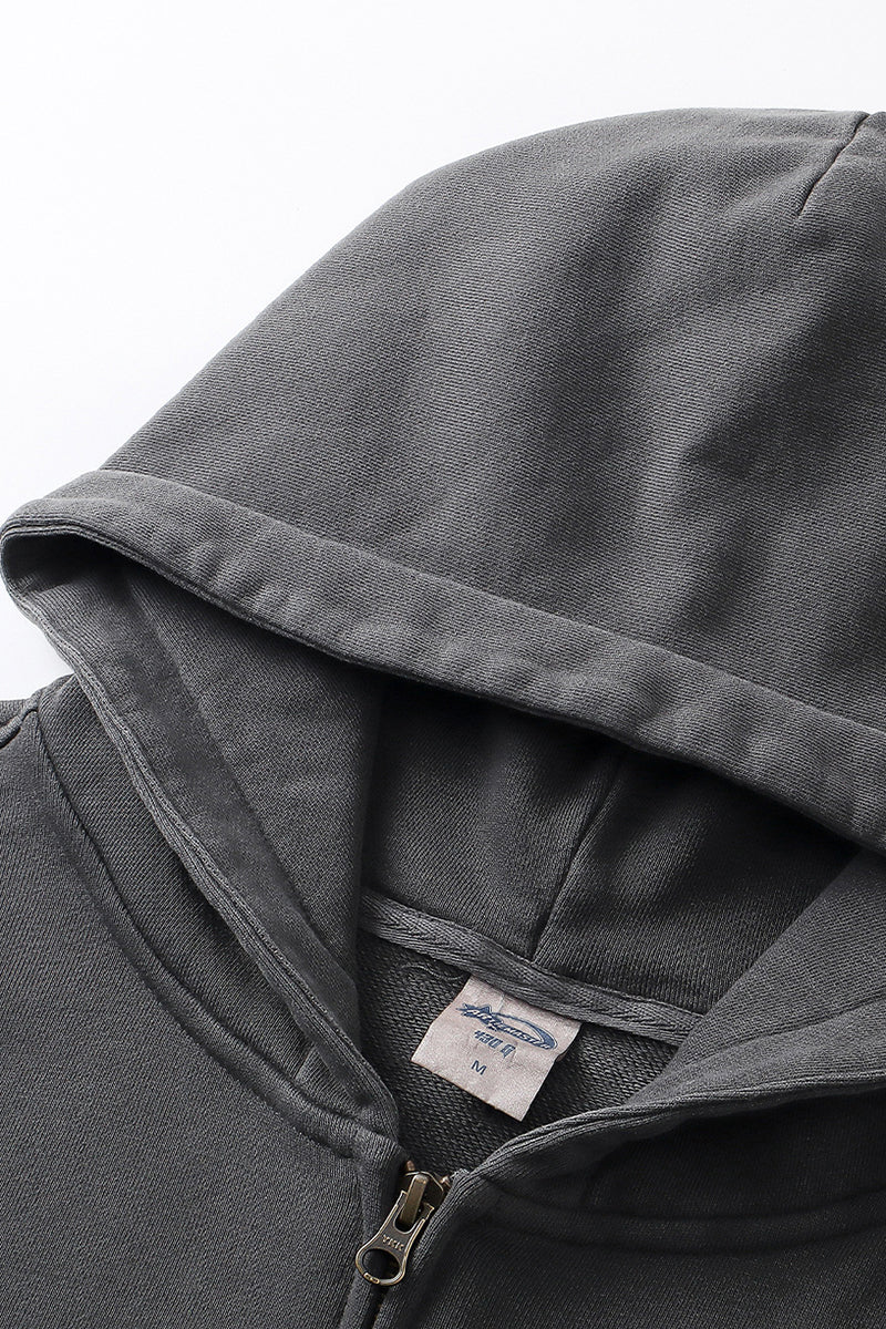 Men/Women Patchwork Raw Edge Vintage Snow Wash Zip Hoodie