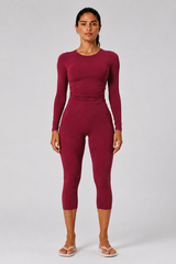 Women's Brushed Crew Neck Long Sleeve T-shirt And Capri Yoga Set