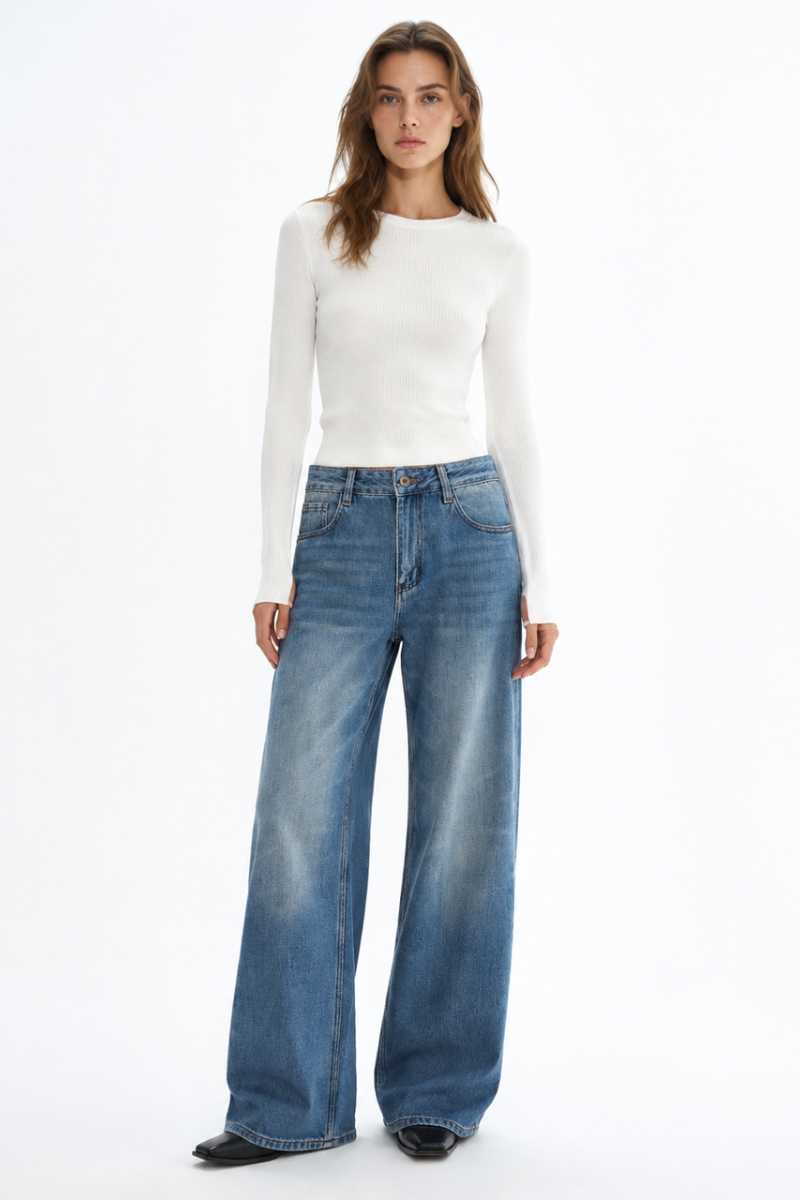 Women's 100% CottonVintage Wash Mid Waist Straight Leg Jeans