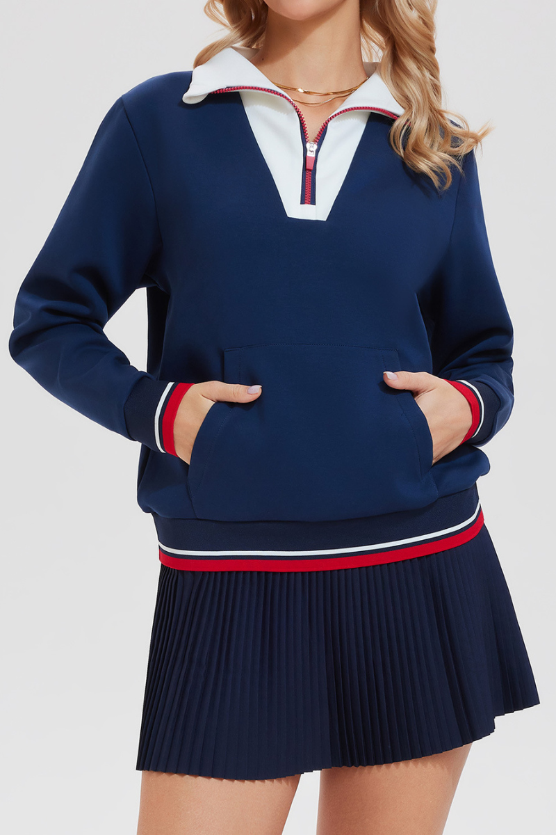 Women's Retro Campus Set:Half-Zip Sweatshirt & Pleated Skort