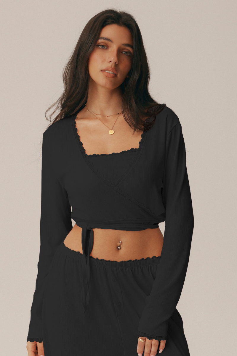 Women's V Neck Lace Trim Wrap Tie Cropped Long Sleeve Pilates Top