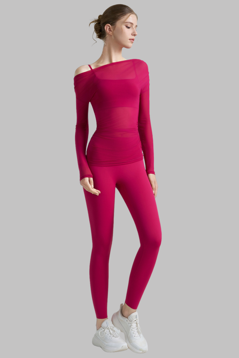 Women's Yoga 3-Piece Set:Bra+ Off-Shoulder Mesh Top+Leggings