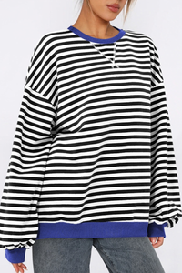 Women Fall Contrast Striped Lantern Sleeve Loose Sweatshirt
