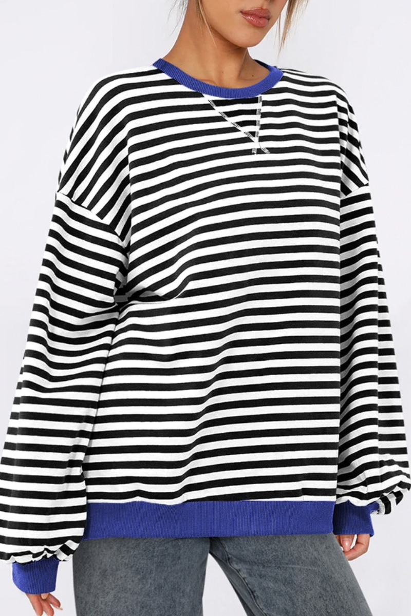 Women Fall Contrast Striped Lantern Sleeve Loose Sweatshirt