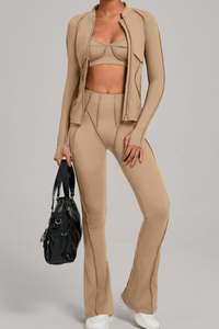 Versatile zipper-fastened matte-finish yoga three-piece set