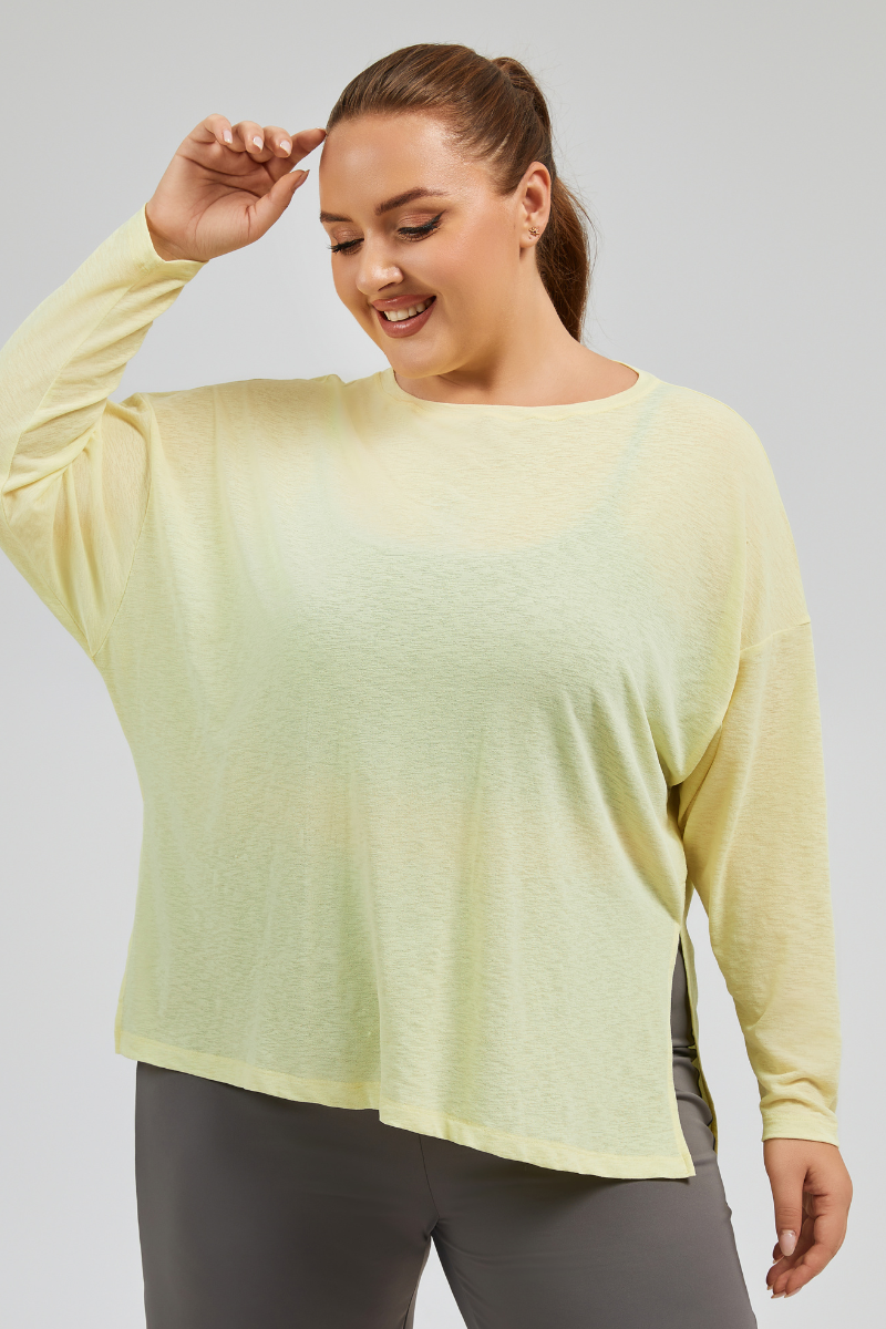 Plus Size Women's Loose Slit Semi-Sheer Long Sleeves Tee