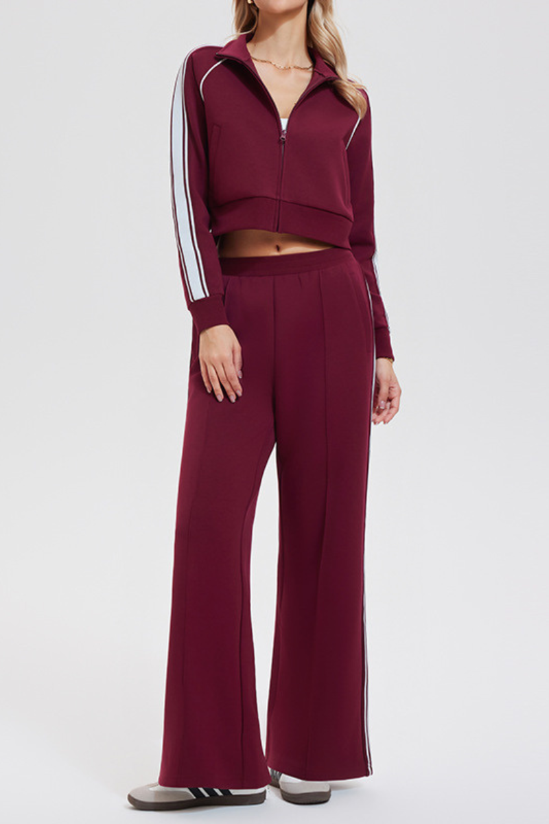 Women's Retro Color-Blocked Striped Athletic Set:Jacket & Pant