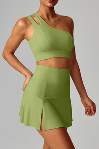 Women's Yoga Set:Sloping Shoulder Bandeau Bra And Skirt