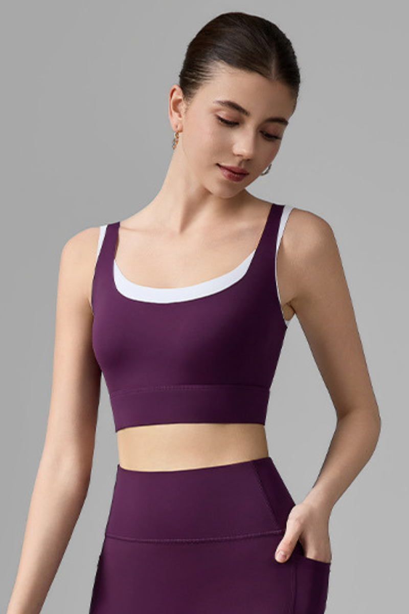 Women's Wide Strap Color-Block Faux Two-Piece Sports Bra