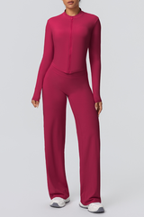 Women's Set:Collared Zippered Jacket And Wide Leg Pants