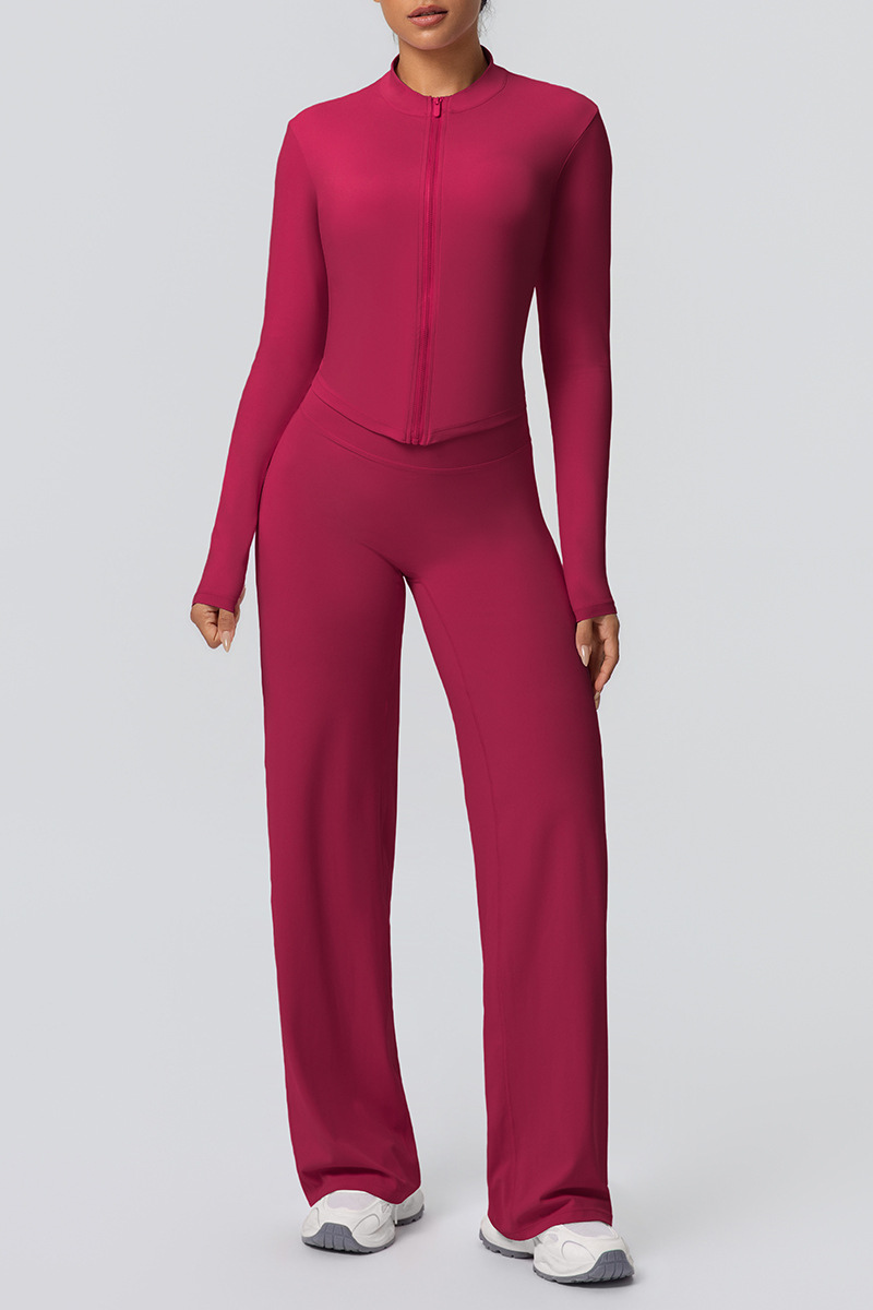 Women's Set:Collared Zippered Jacket And Wide Leg Pants