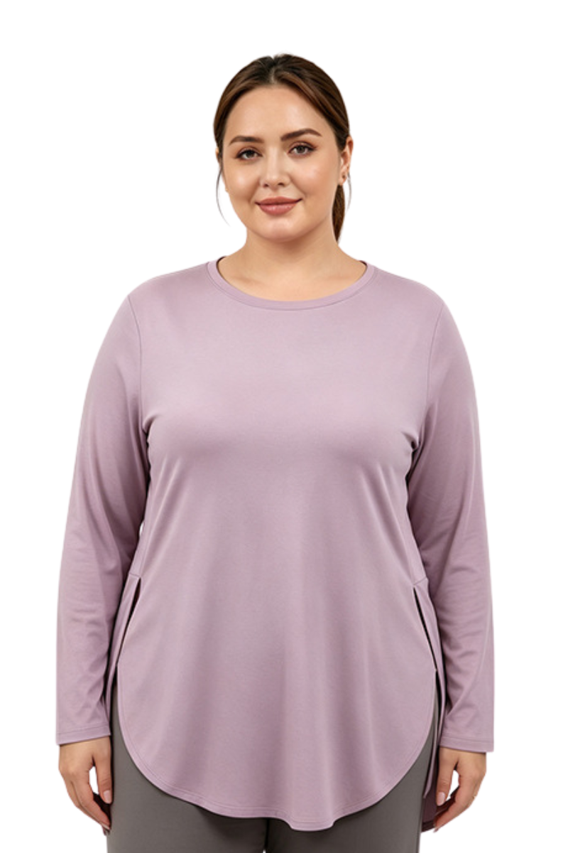 Plus Size Women's Fall Side Slit Curved Hem Long Sleeve Top