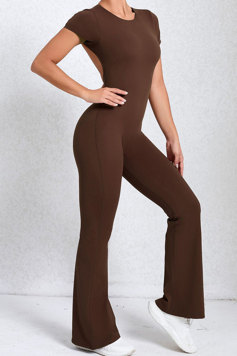 Women Short Sleeve Big Backless One Piece Flare Tight Nude Outfit Fitness Sports Yoga Bodysuit